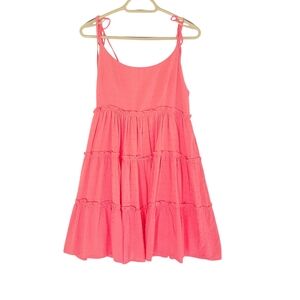 Coral Pink Swiss Dot Tiered Mini Dress with Tie-Shoulder Straps